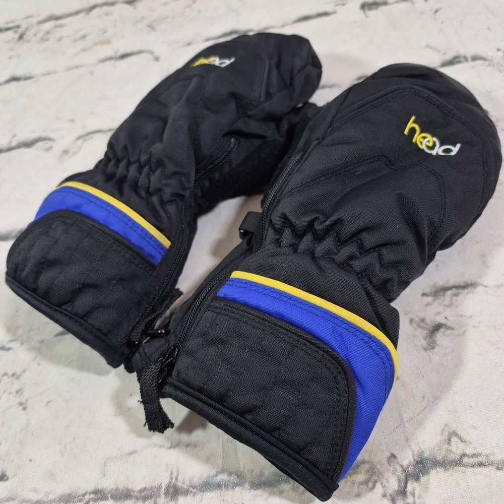 HEAD Kids Size S Black Blue Yellow Winter Gloves Mittens Easy Side Zip Ski Snow